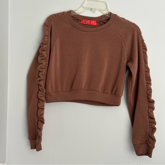 Roma Tops - Roma Concept by Rosee Womens Crop top Small Brown Ruffled sleeve accent